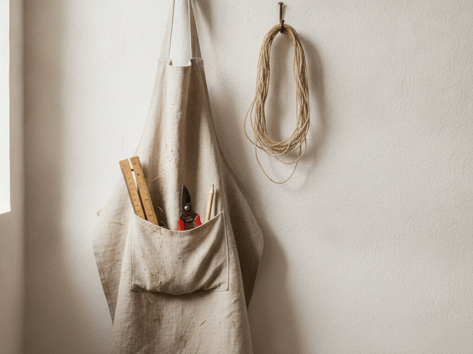 Benutzte Leinenschürze an einem Eisenhaken an weisser Putzwand, in der Tasche Zollstock und Gartenschere