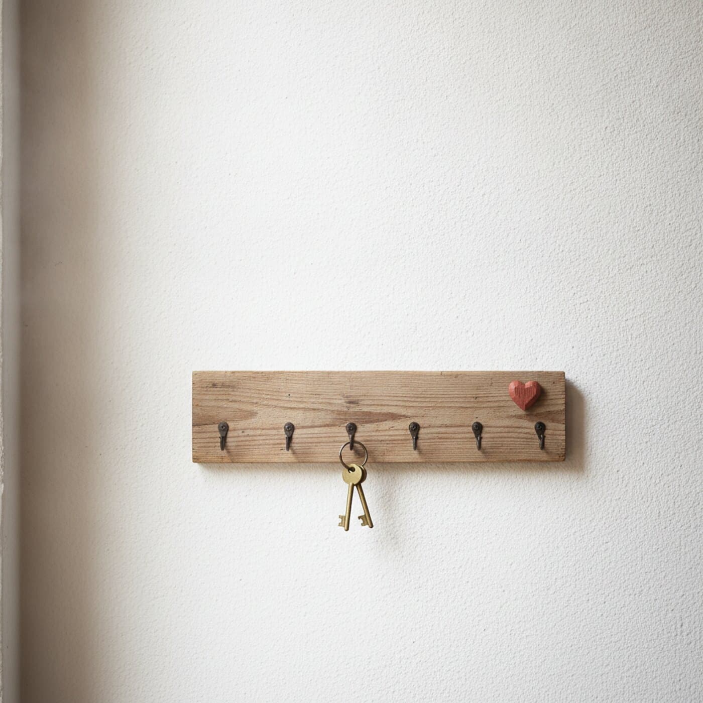 Schlüsselbrett aus einer verwitterten Holzlatte mit vier Eisenhaken an weisser Wand