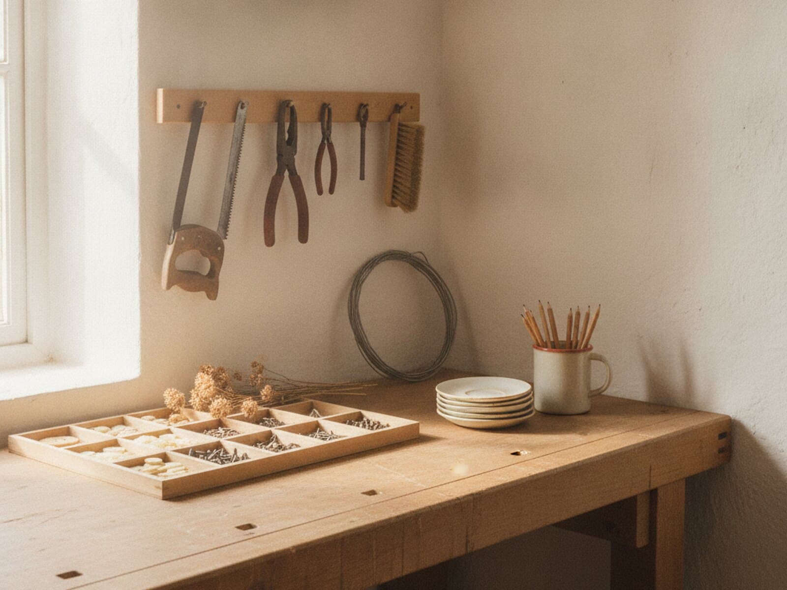 Werkbank an weisser Wand mit Werkzeugleiste, sortierten Materialschalen und Drahtrolle im Tageslicht