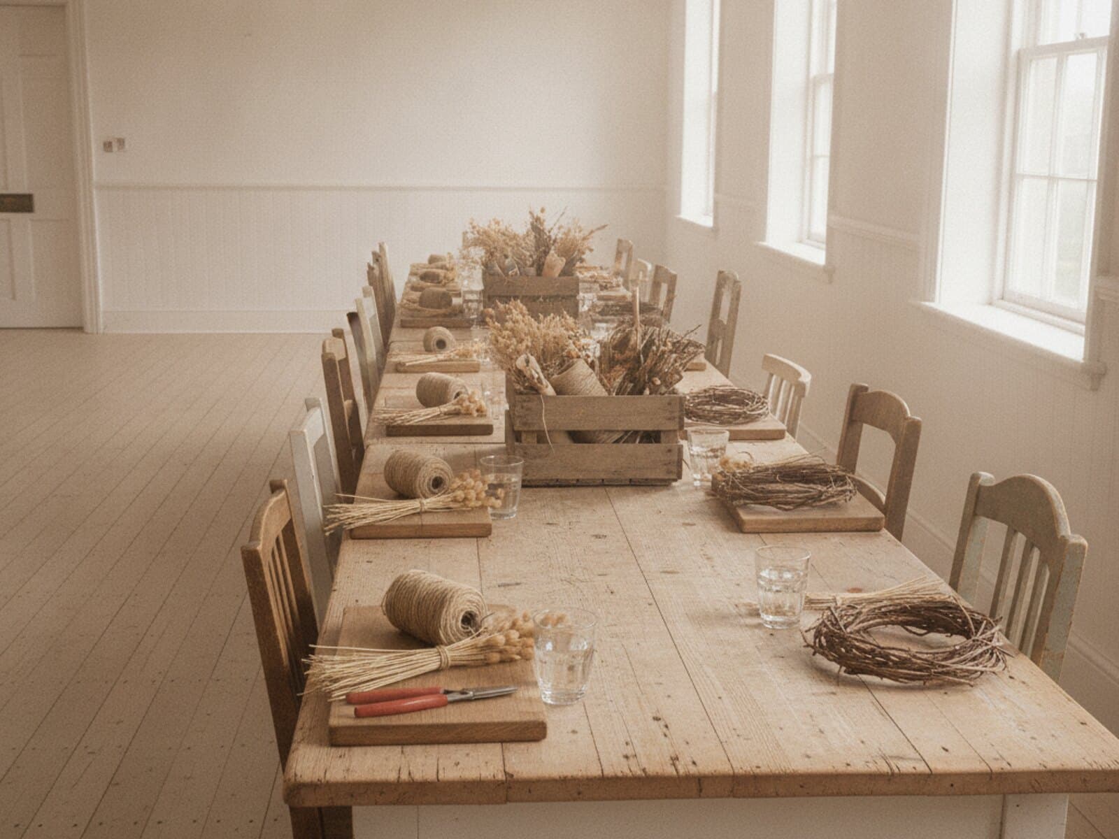 Lange Tafel in einem hellen Saal mit acht gleich vorbereiteten Materialtabletts und Holzstühlen
