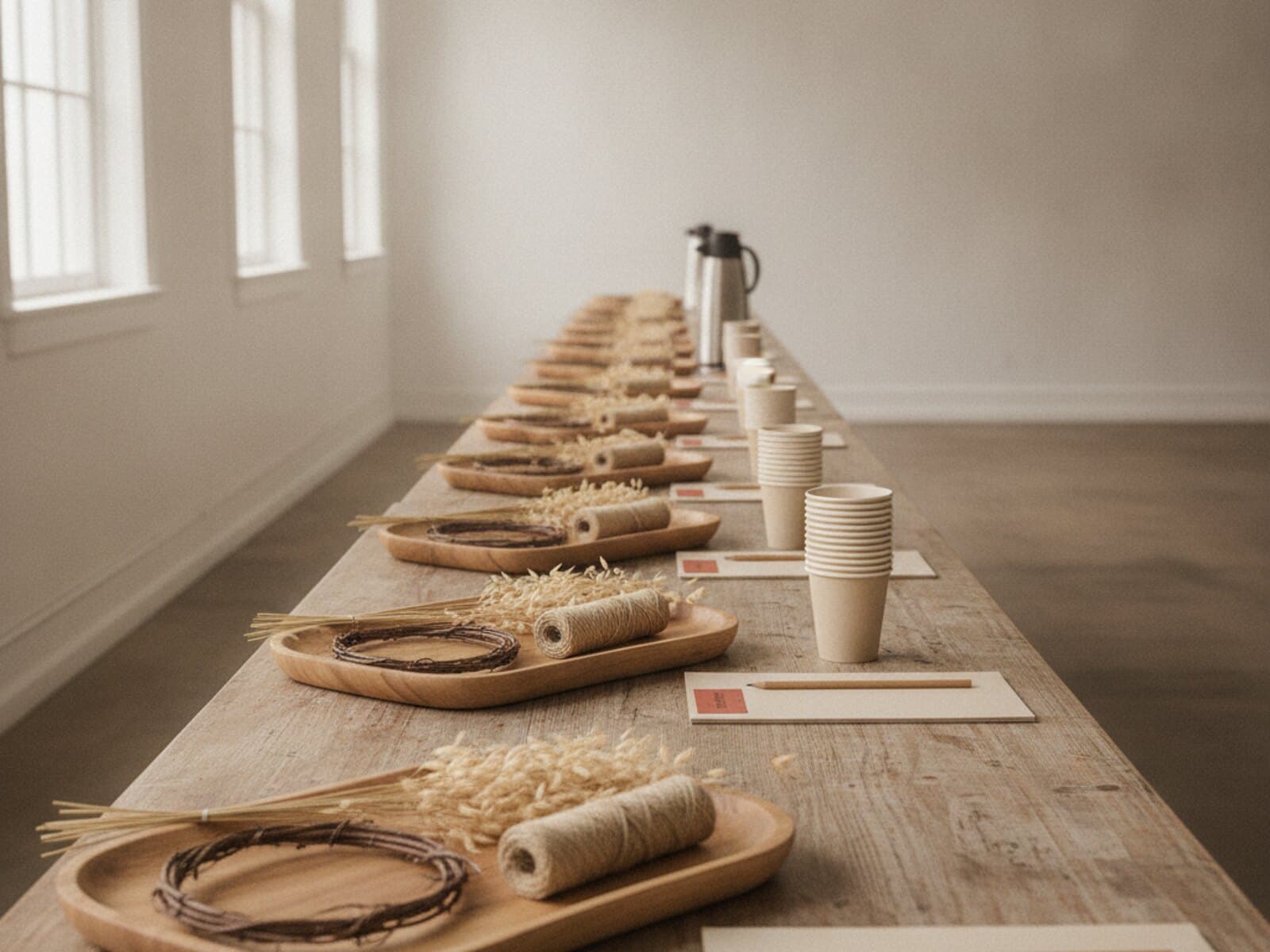 Lange Tafel mit zehn gleich vorbereiteten Materialtabletts, Notizblöcken und Kaffeetassen