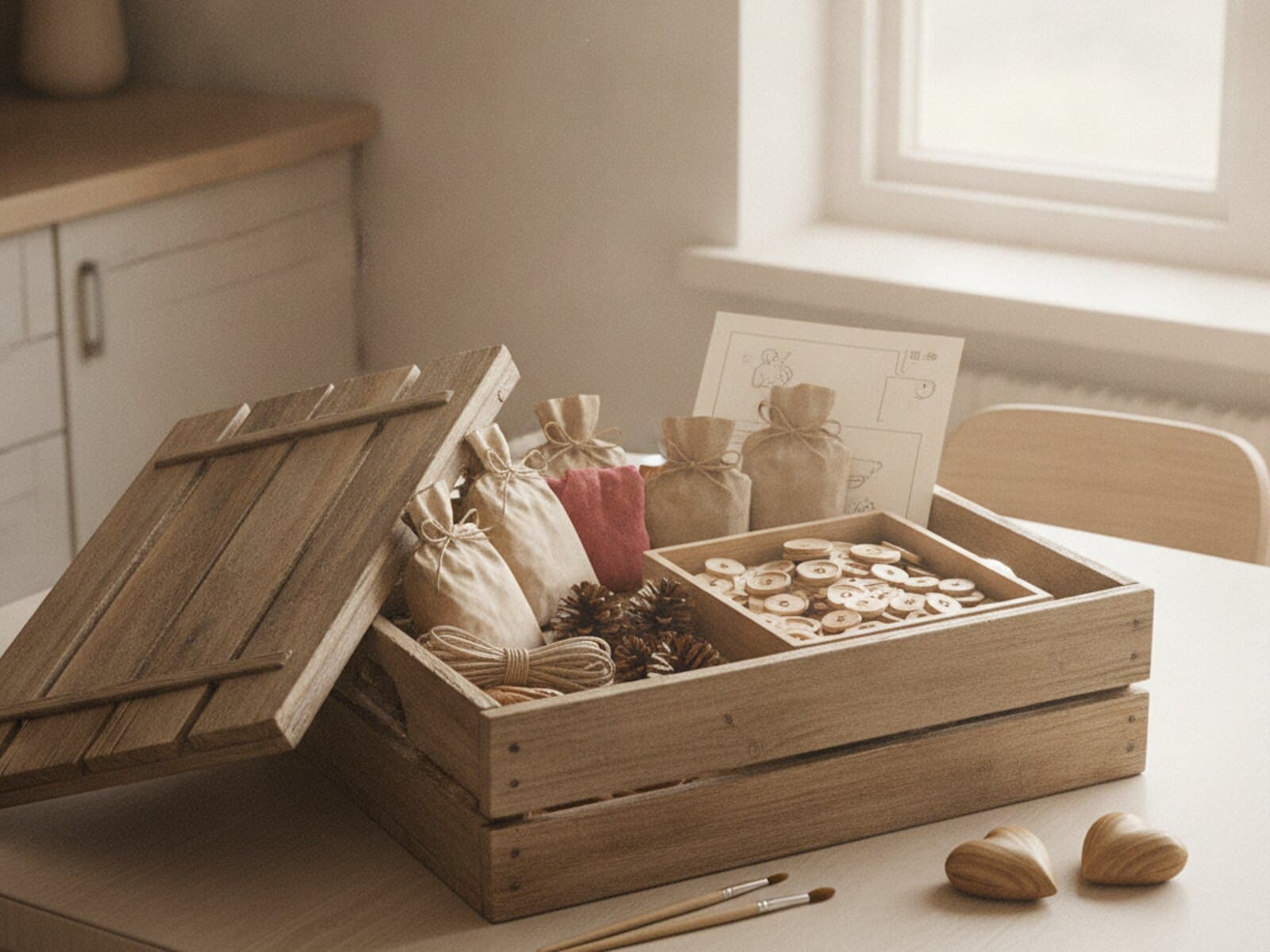 Geöffnete Holzkiste mit portionierten Bastelmaterialien, Papiertüten und Werkzeug auf einem Küchentisch