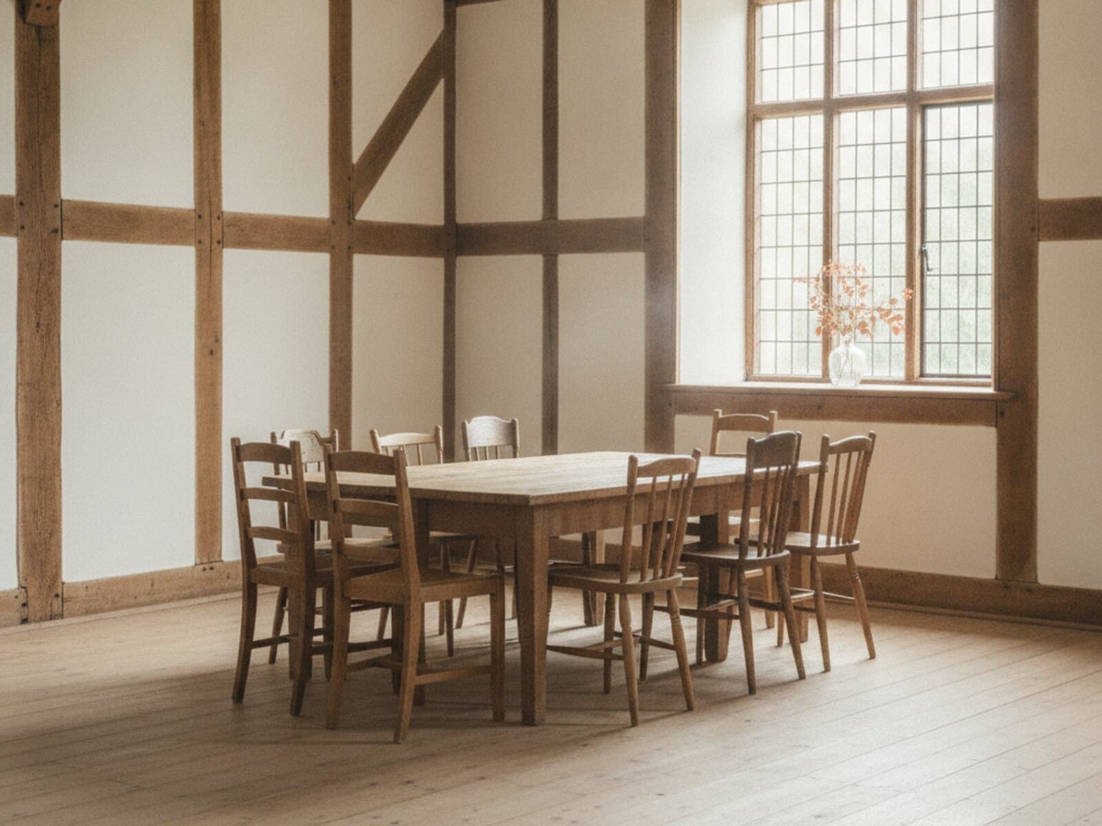 Aufgeräumter Gemeinschaftsraum in einem Fachwerkhaus mit langen Tischen und Sprossenfenster