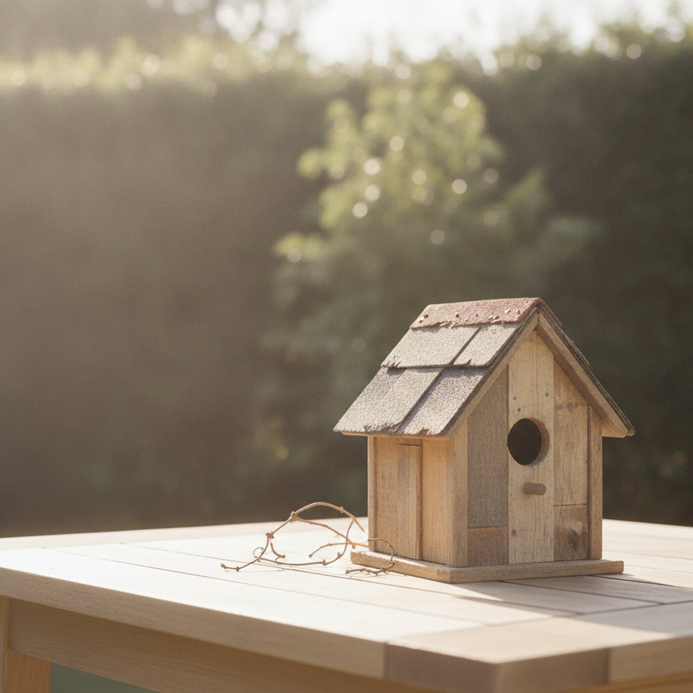 Kleines Vogelhaus aus verwitterten Brettern mit schiefem Schindeldach auf einem Gartentisch